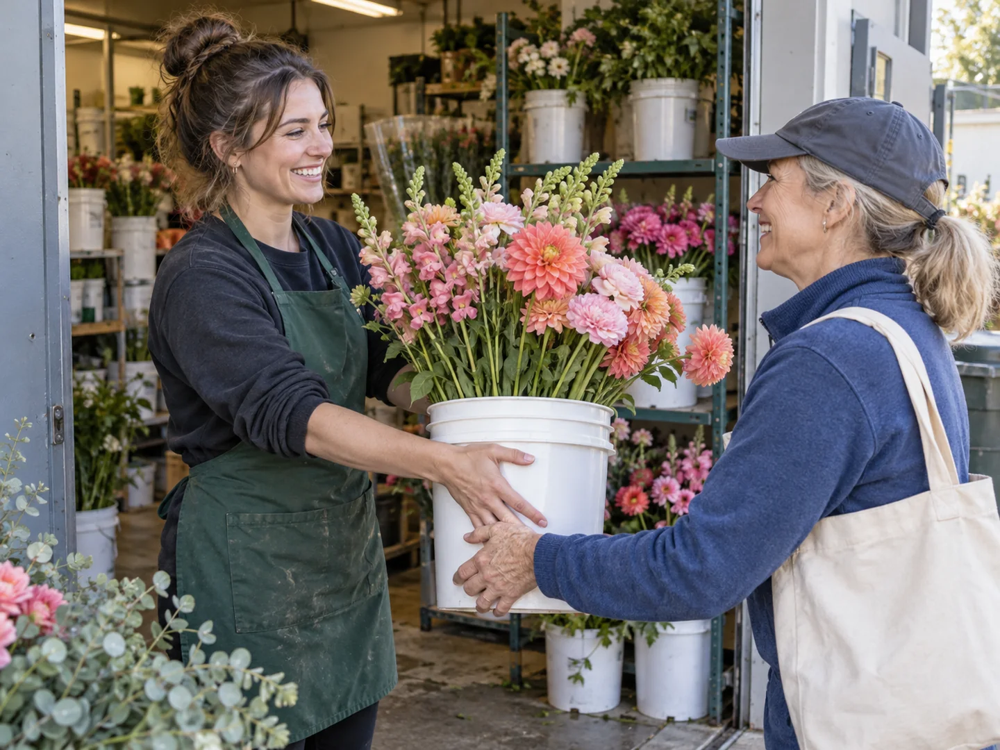 Florist handing over surplus buckets