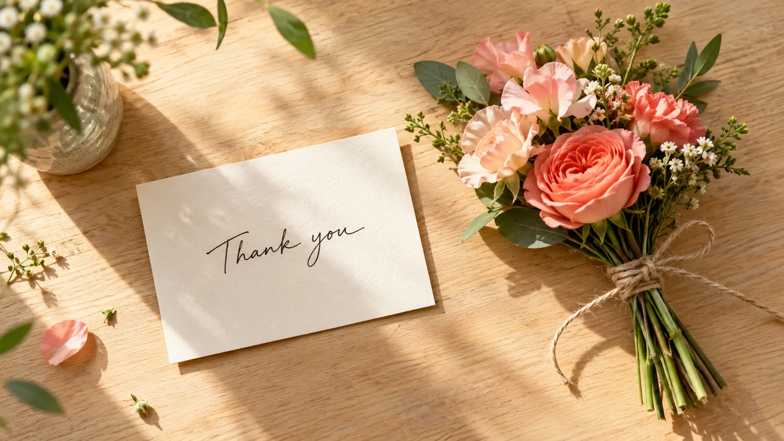 Hand-written thank-you card with a posy