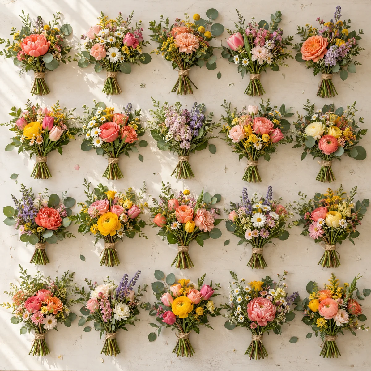 Table of twenty finished bouquets