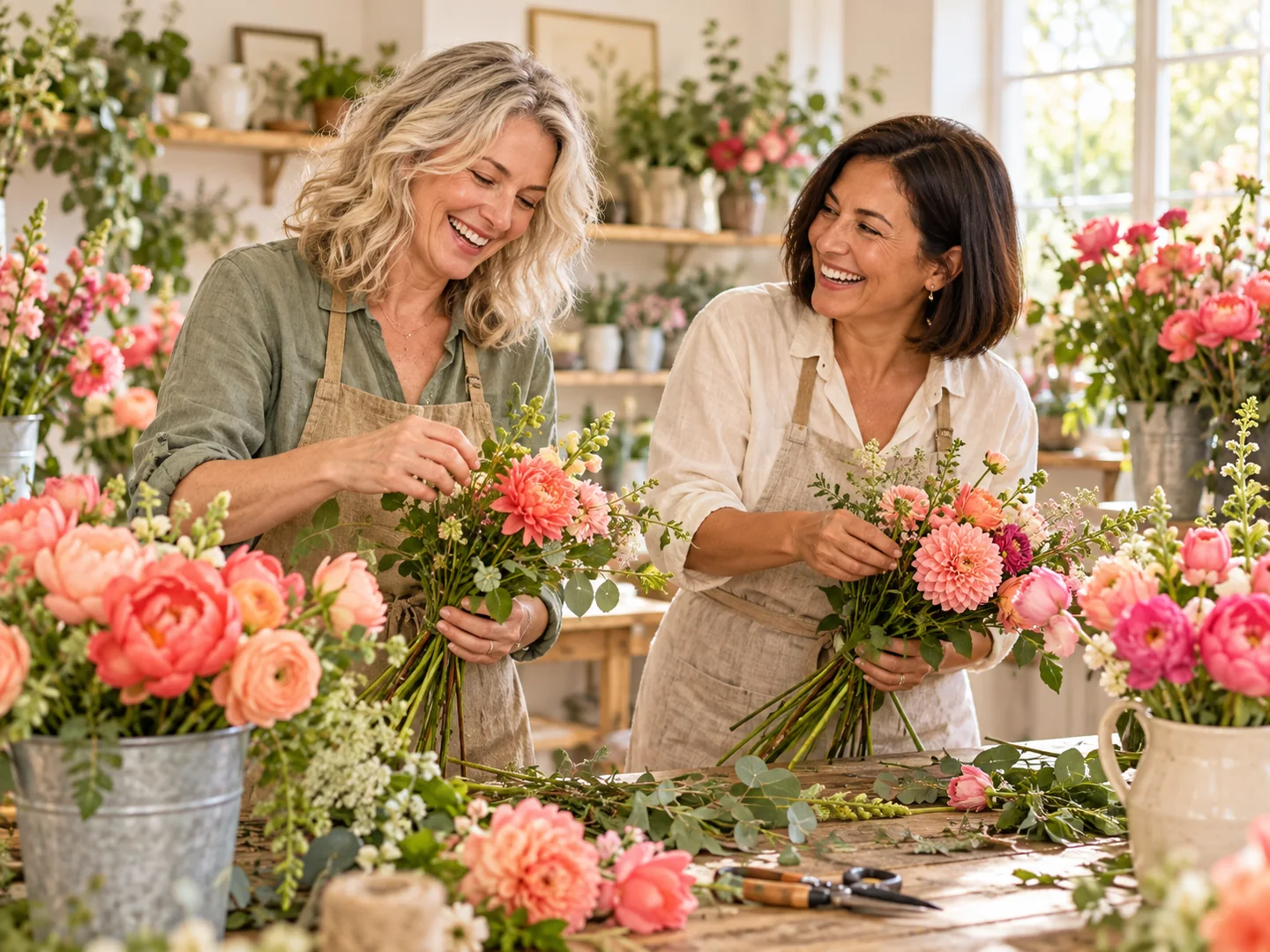 AI-generated illustration: Judy and Kim at the arranging table; imagined people, not actual founder likenesses